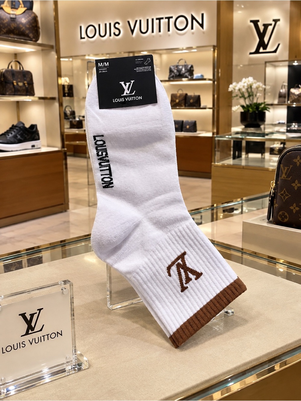 Louis Vuitton Men's White & Brown Logo Crew Socks